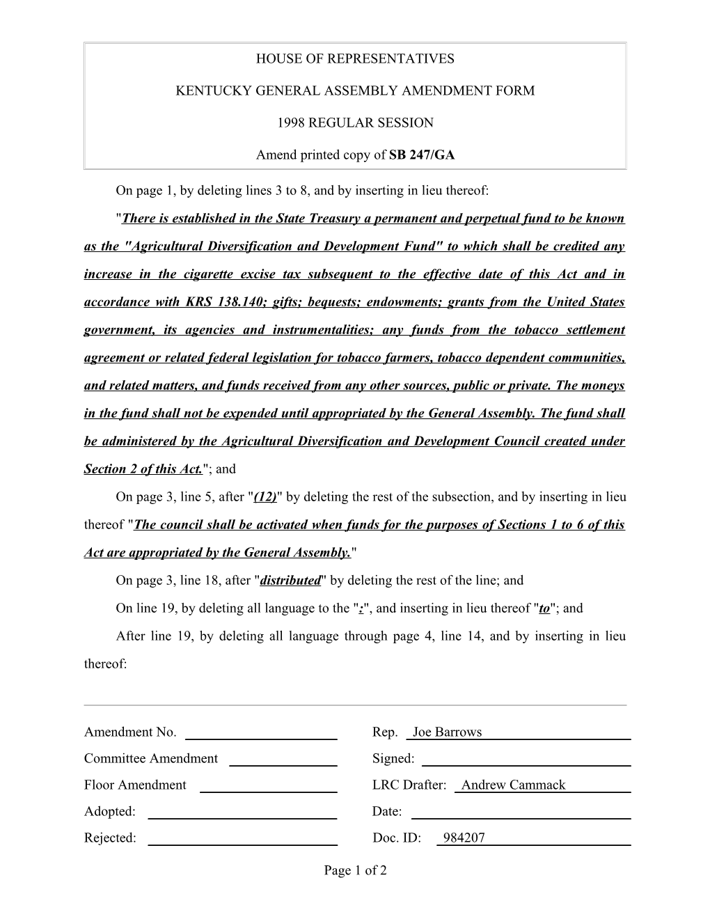 Kentucky General Assembly Amendment Form s4