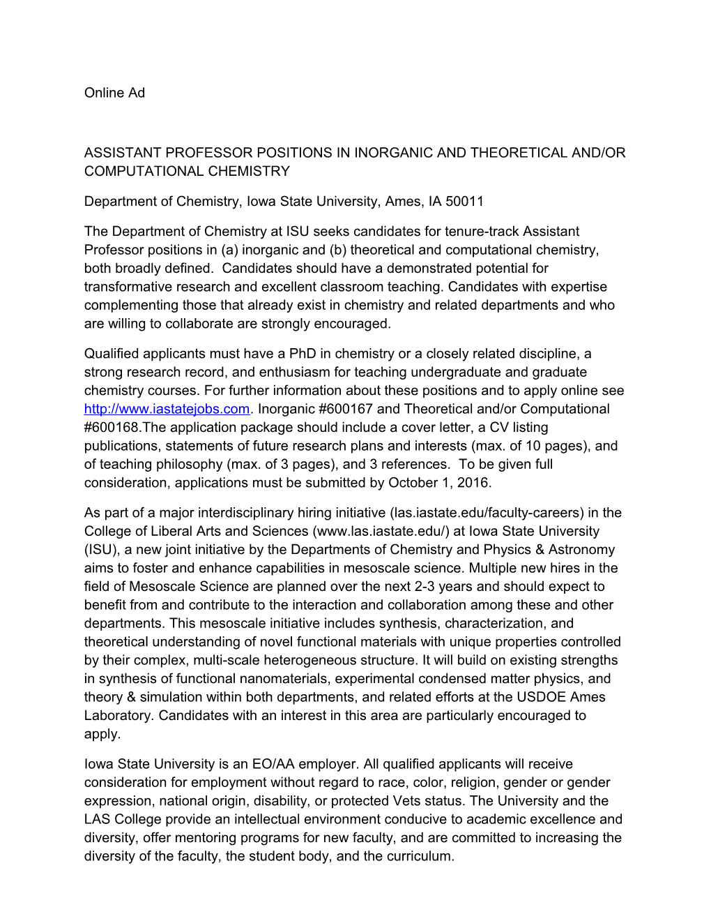 Assistant Professor Positions in Inorganic and Theoretical And/Or Computational Chemistry