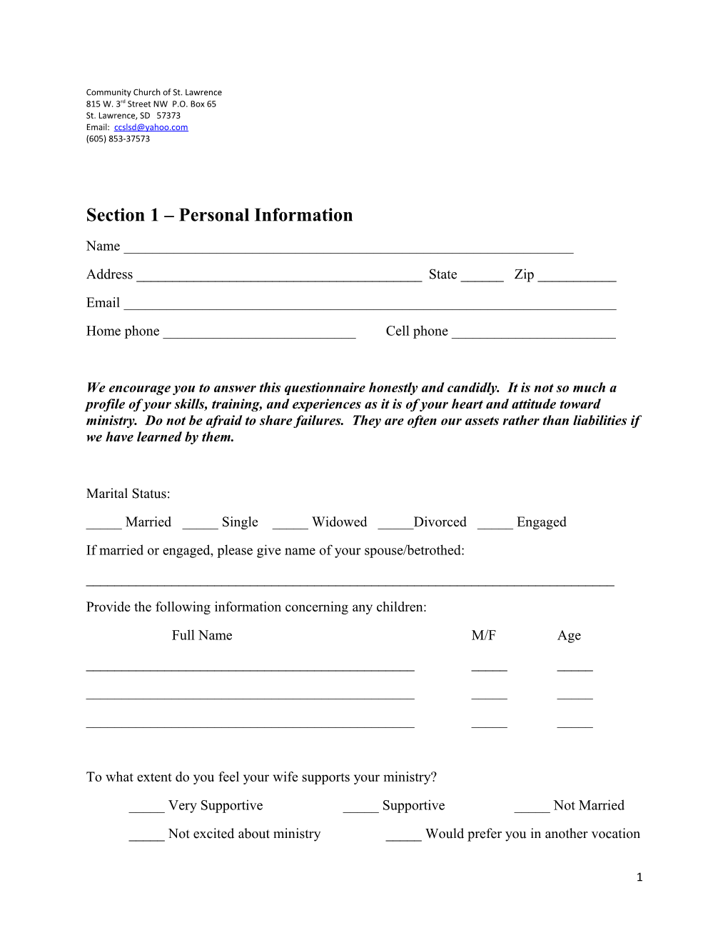 Section 1 Personal Information