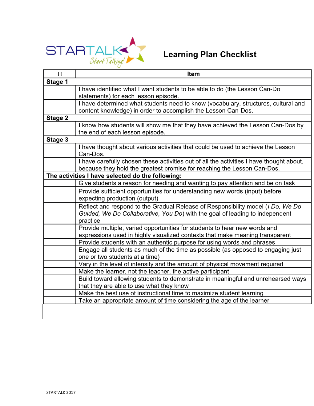 Learning Plan Checklist