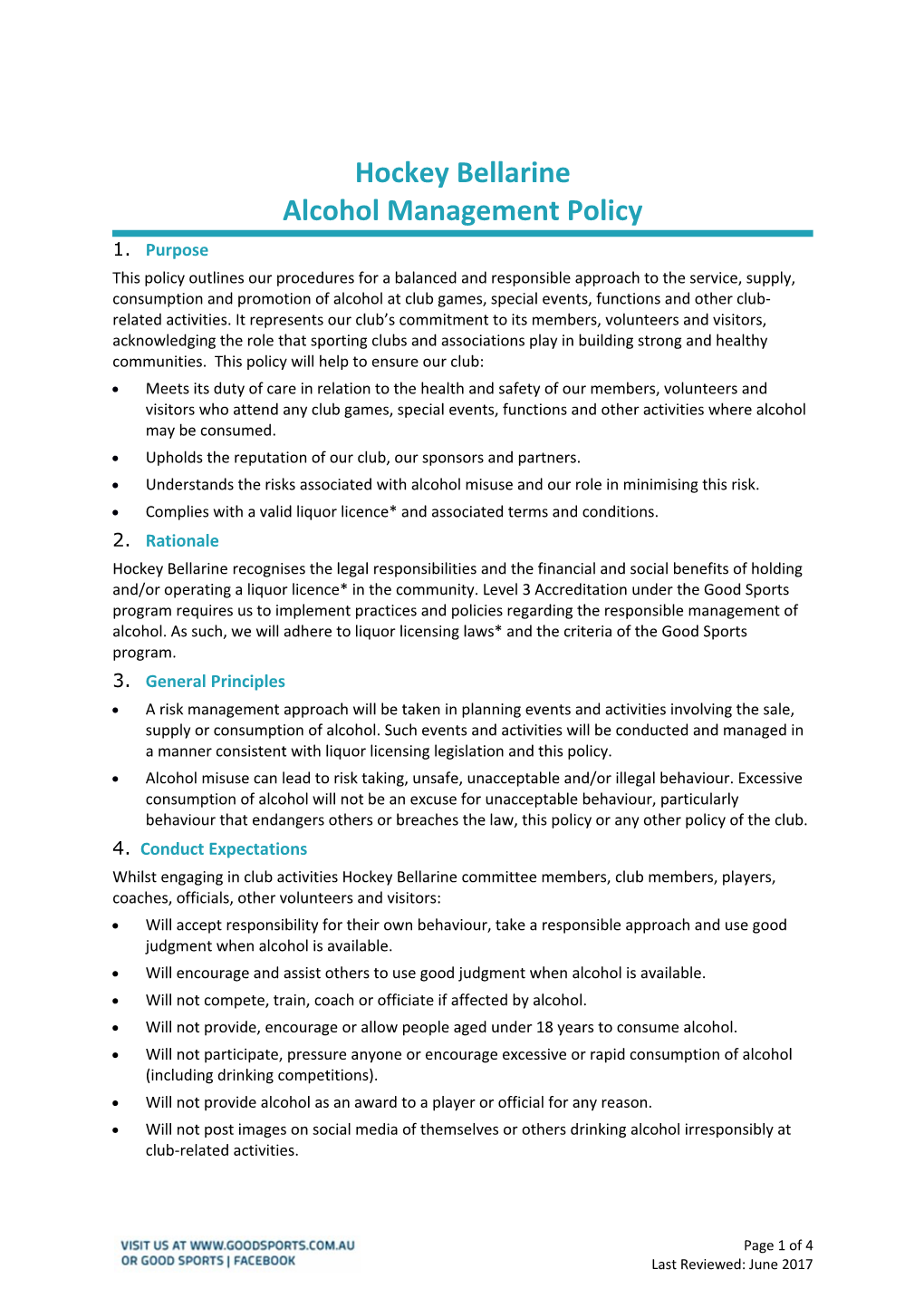 Hockey Bellarine Alcohol Management Policy