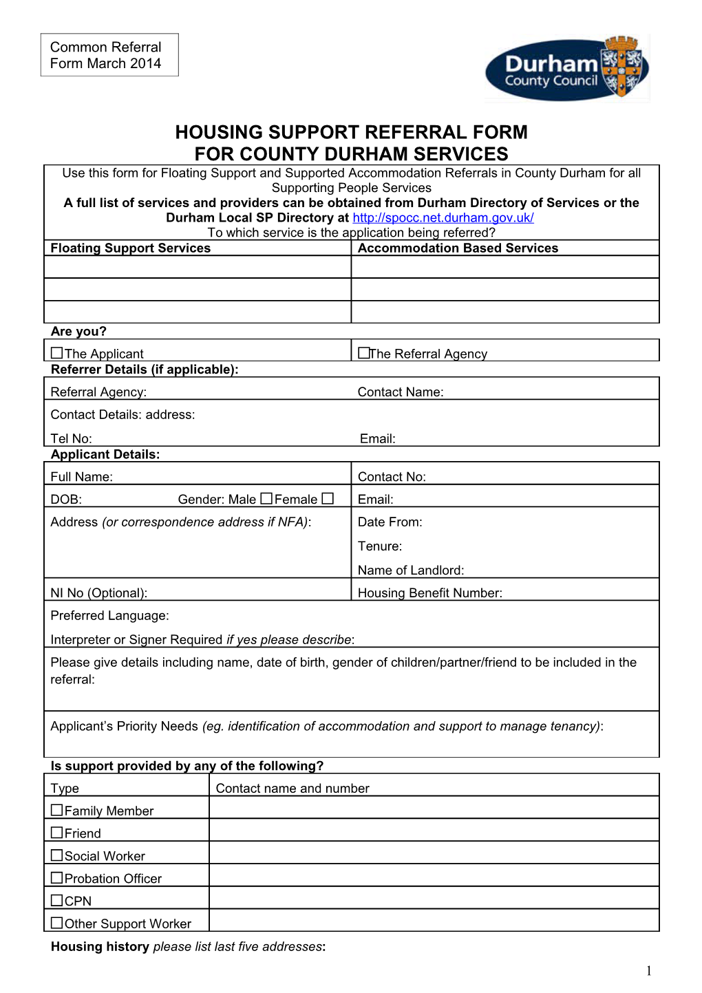 Durham City Housing Support Referral Form