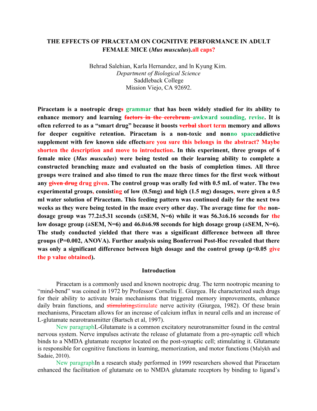 THE EFFECTS of PIRACETAM on COGNITIVE PERFORMANCE in ADULT FEMALE MICE (Mus Musculus).All