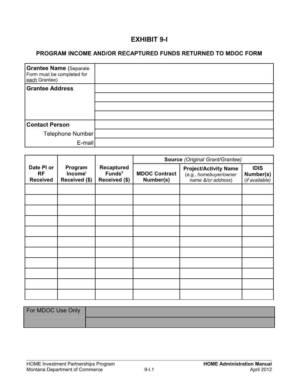 Program Income And/Or Recaptured Funds Returned to Mdoc Form
