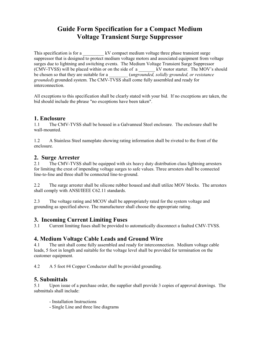 Guide Form Specification for 15Kv Class Indoor Power Factor Correction Capacitors