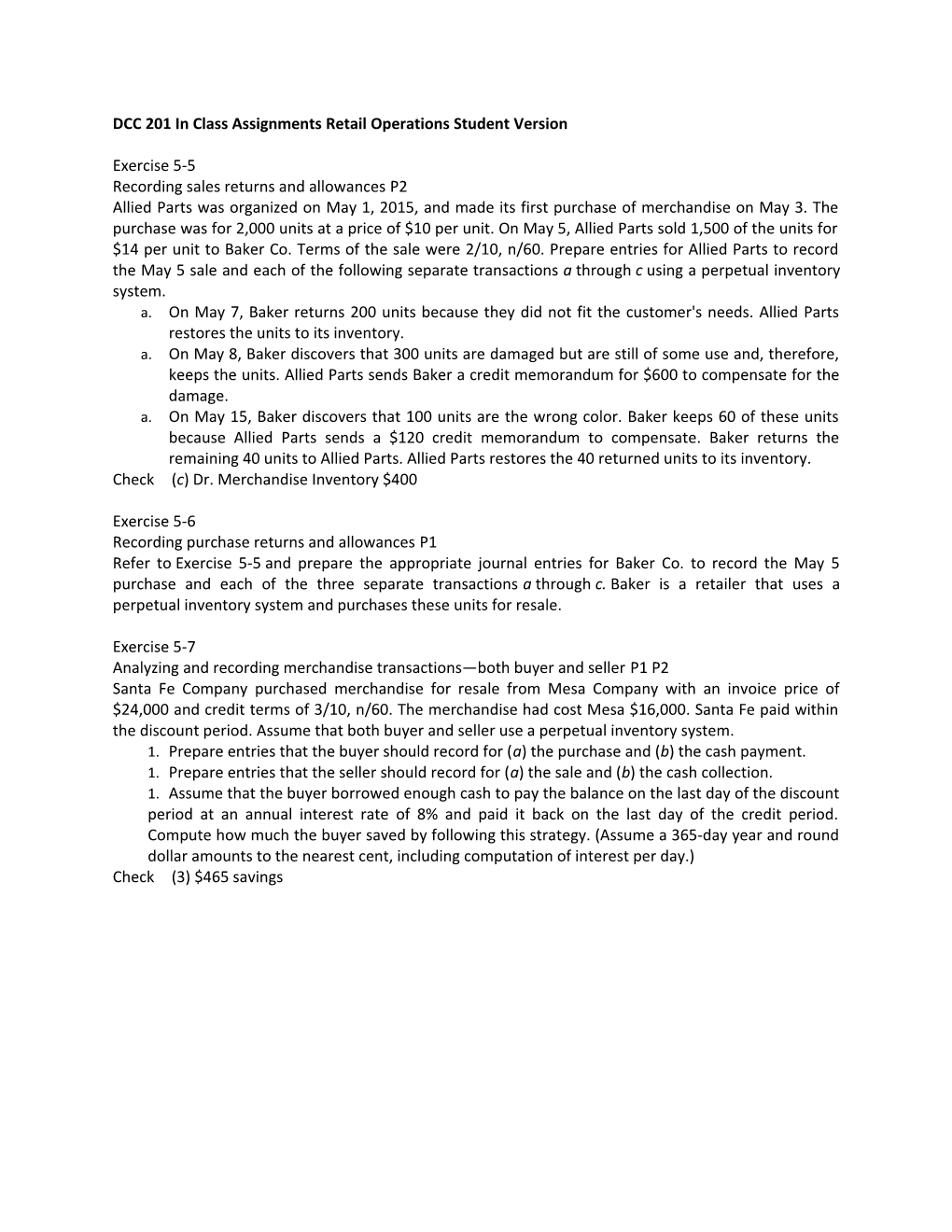 DCC 201 in Class Assignments Retail Operations Student Version