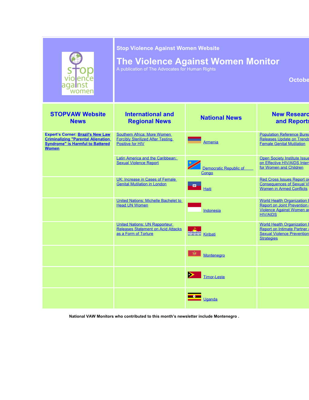 National VAW Monitors Who Contributed to This Month S Newsletter Include Montenegro