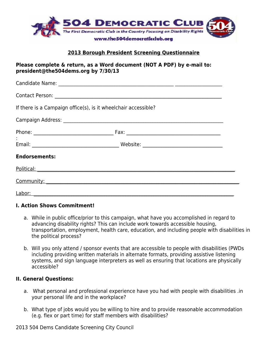 2013 Borough President Screening Questionnaire