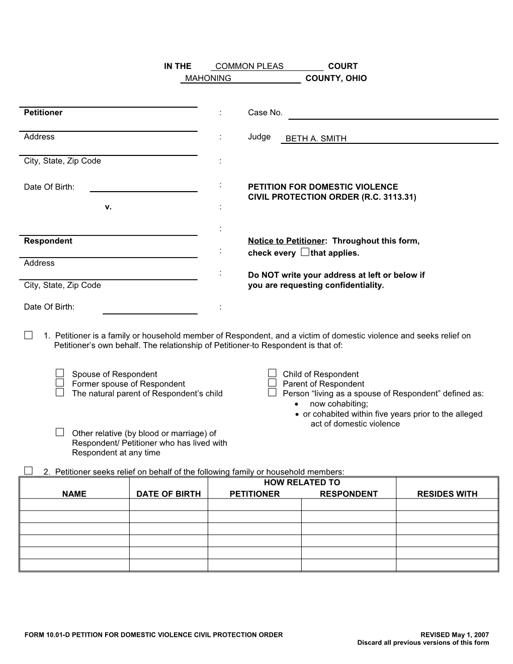 10.01-D Petition for Domestic Violence Civil Protection Order Template