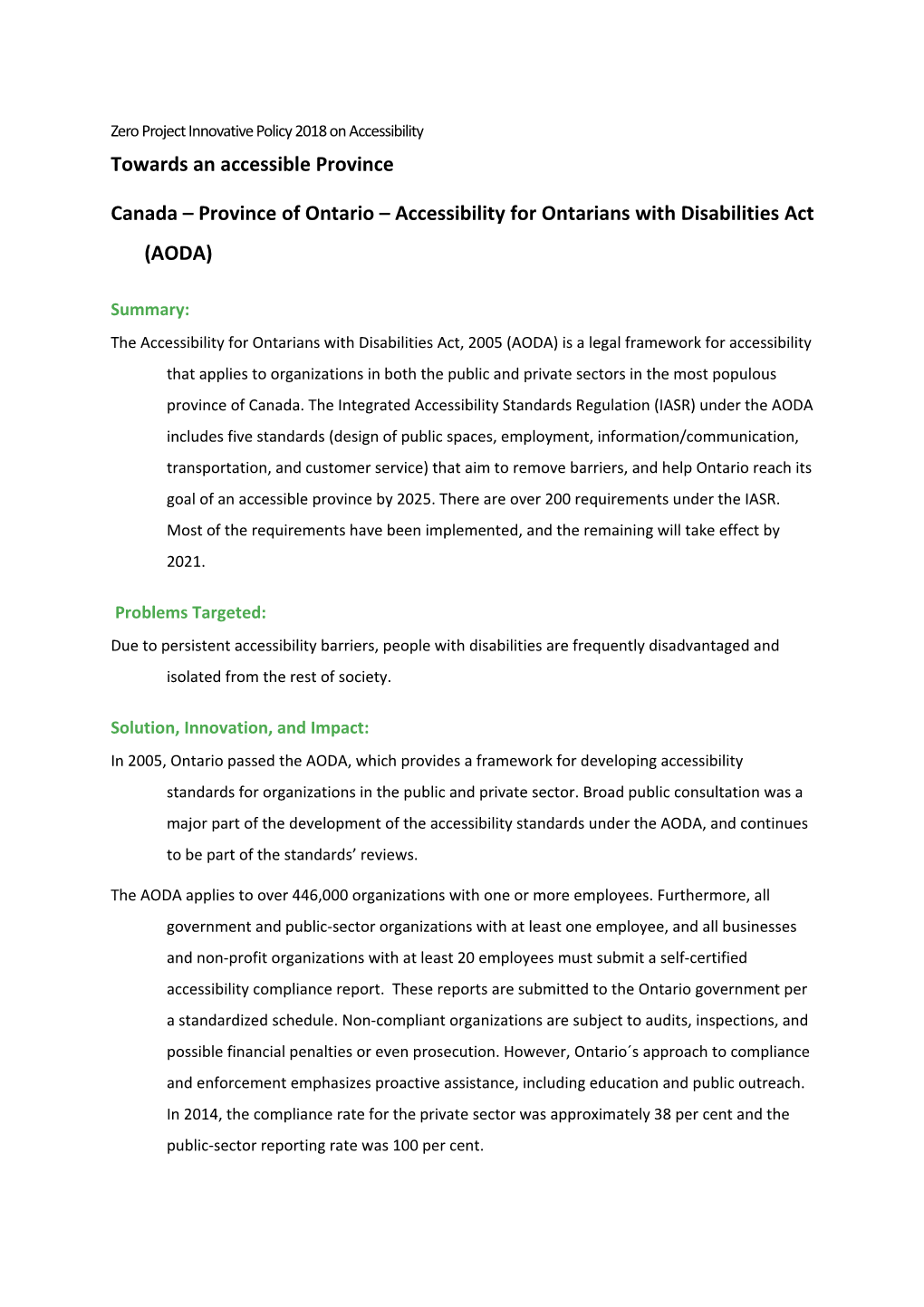 Zero Project Innovative Policy 2018 on Accessibility