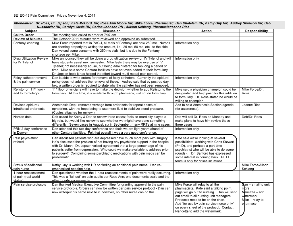 SE1EO-13 Pain Committee Friday, November 4, 2011