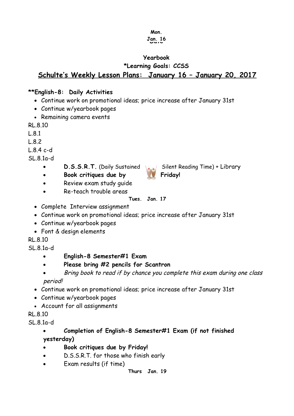 Schulte S Weekly Lesson Plans: January 16 January 20, 2017