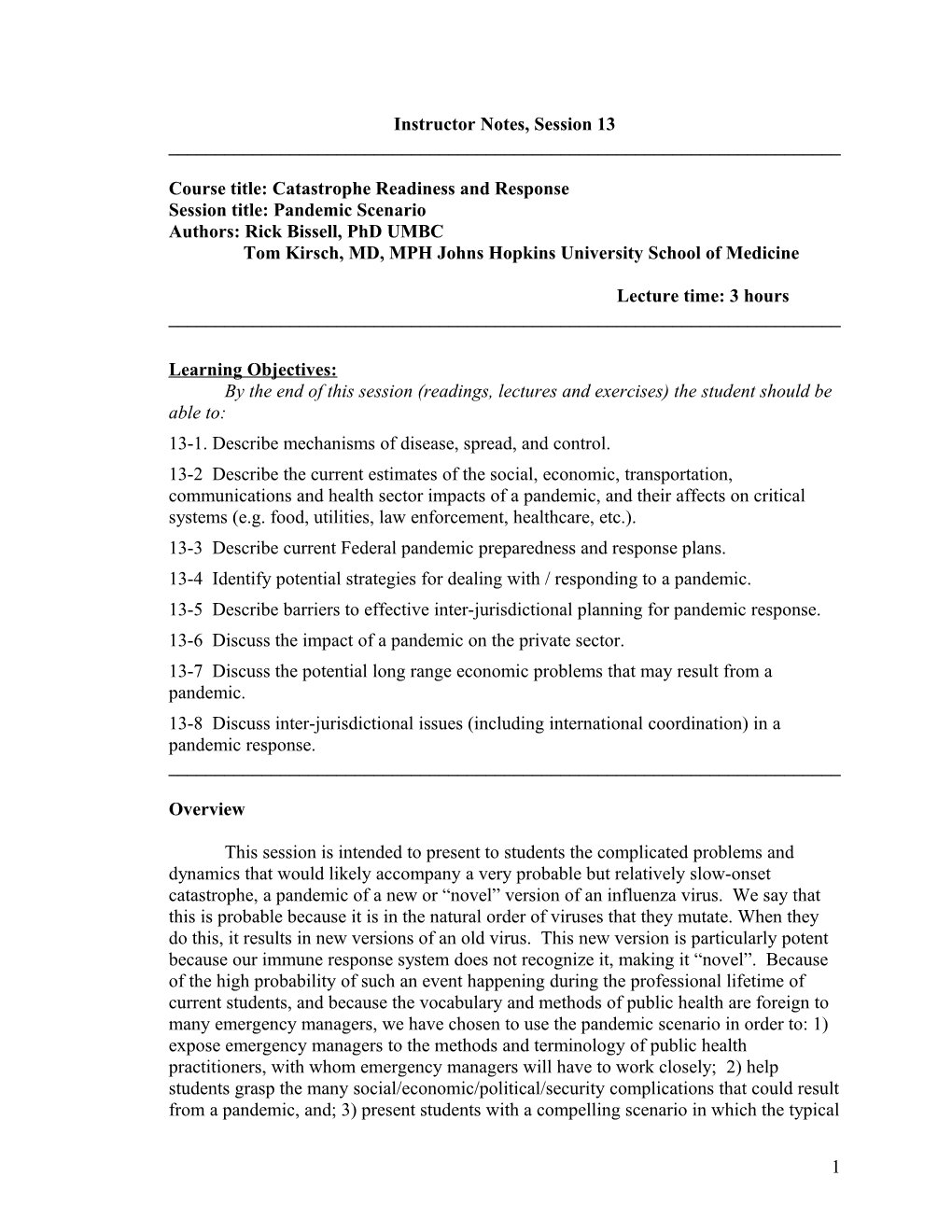 Instructor Notes, Catastrophe Course Unit 13