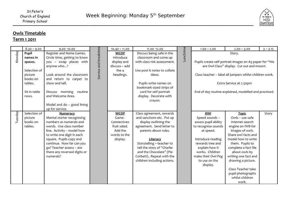 Owls Timetable