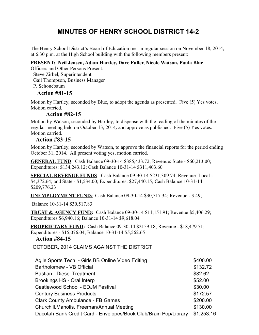 Minutes of Henry School District 14-2