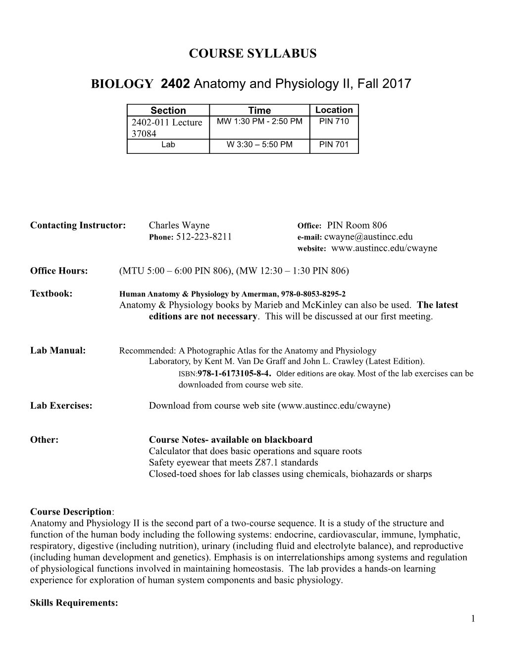 BIOLOGY 2402 Anatomy and Physiology II, Fall 2017