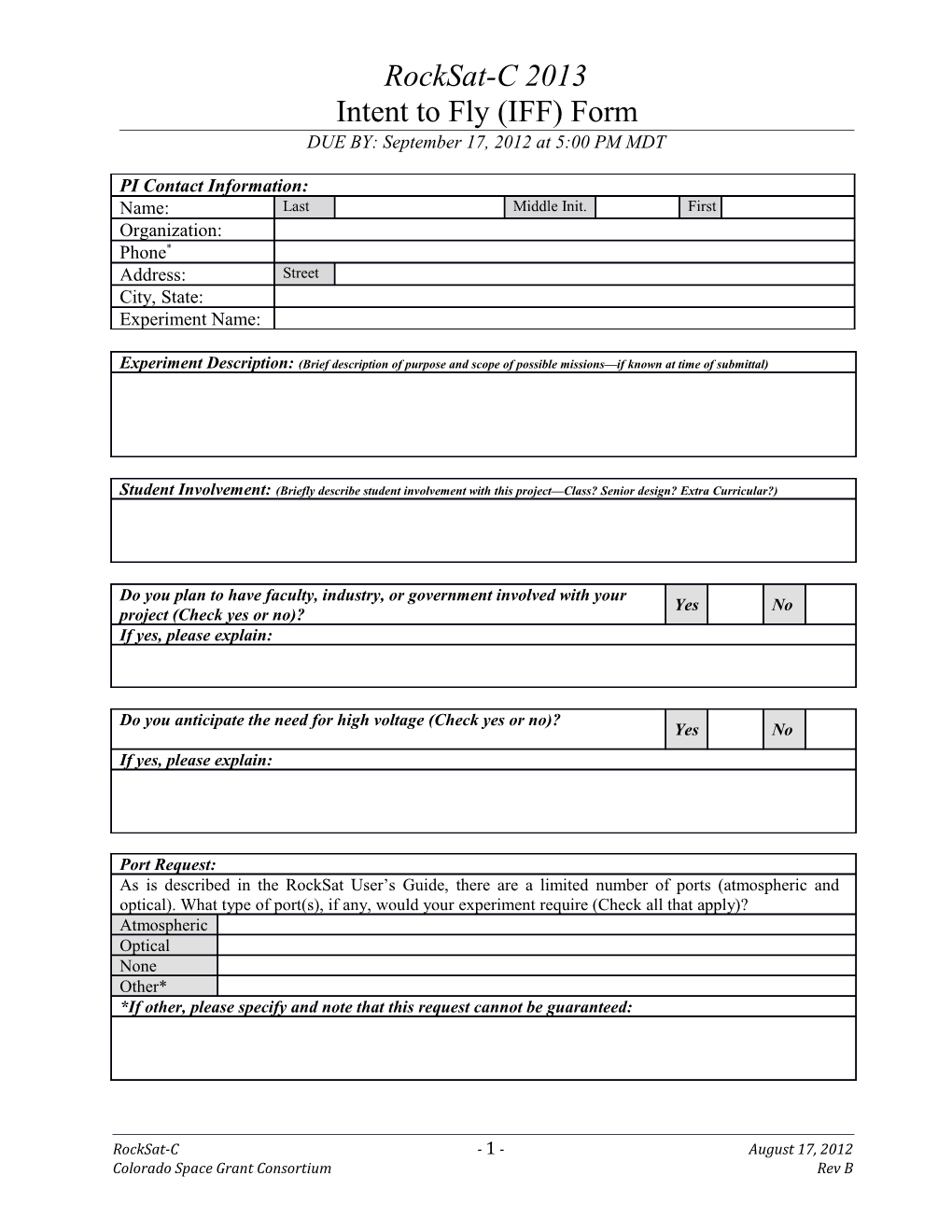 Intent to Fly (IFF) Form