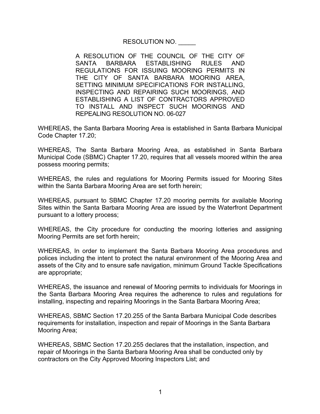 A Resolution of the Council of the City of Santa Barbara Establishing Rules and Regulations