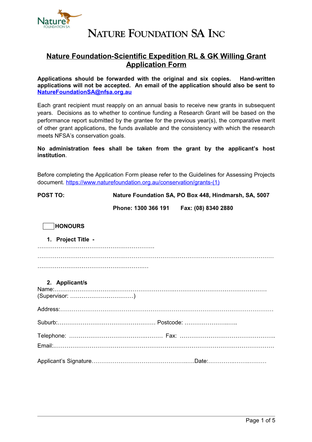 Nature Foundation-Scientific Expedition RL & GK Willing Grant Application Form