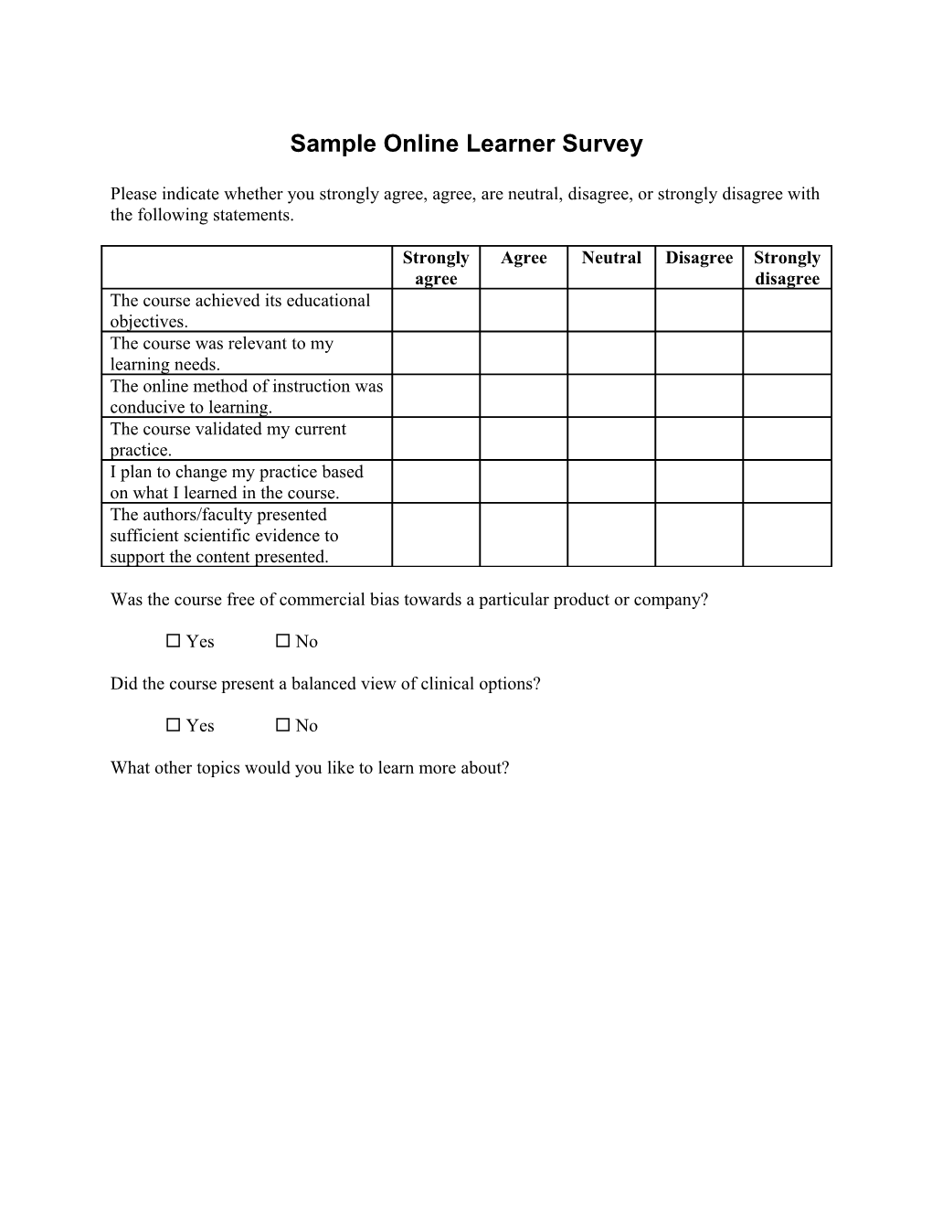 Sample Learner Survey