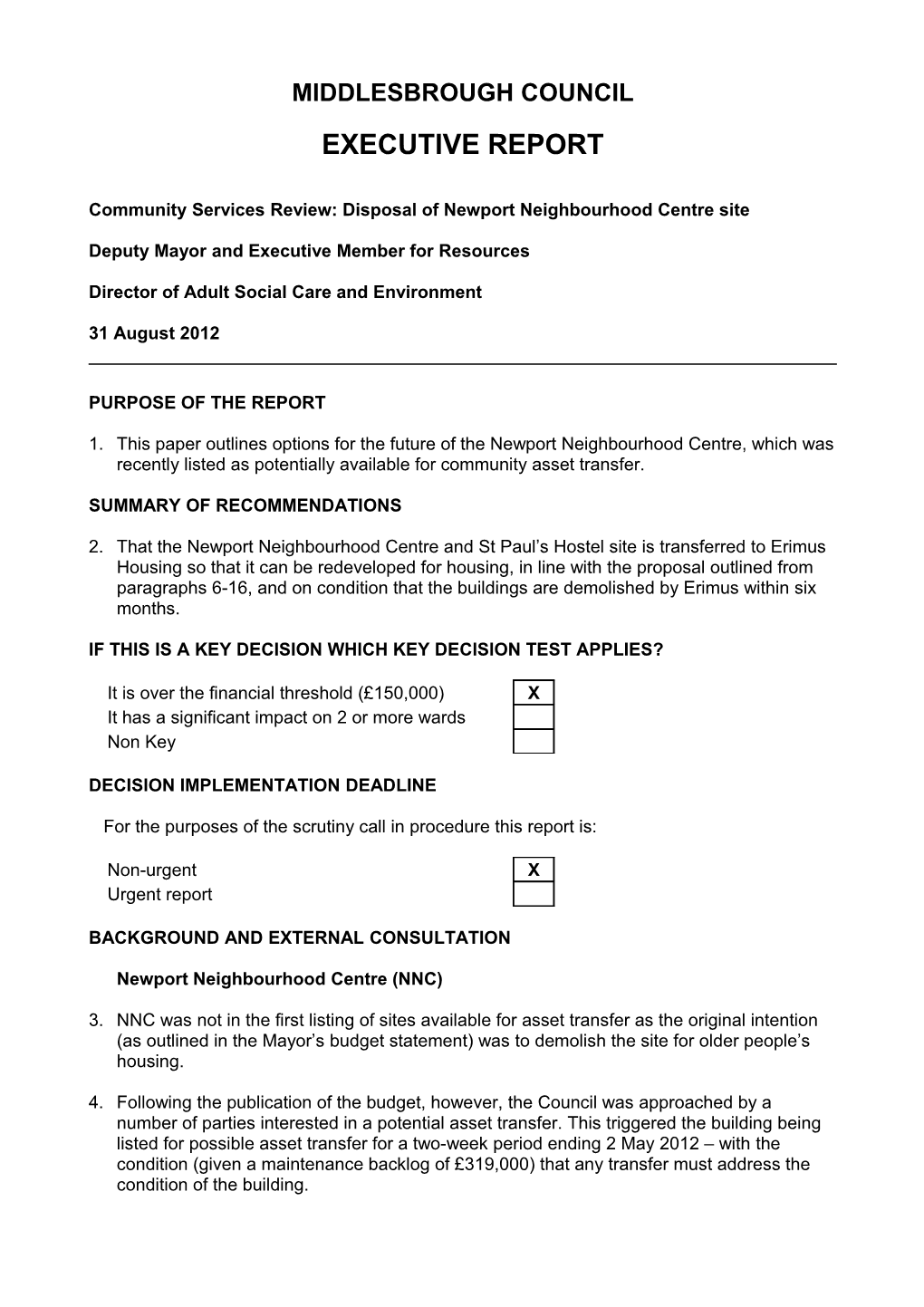 Community Services Review: Disposal of Newport Neighbourhood Centre Site