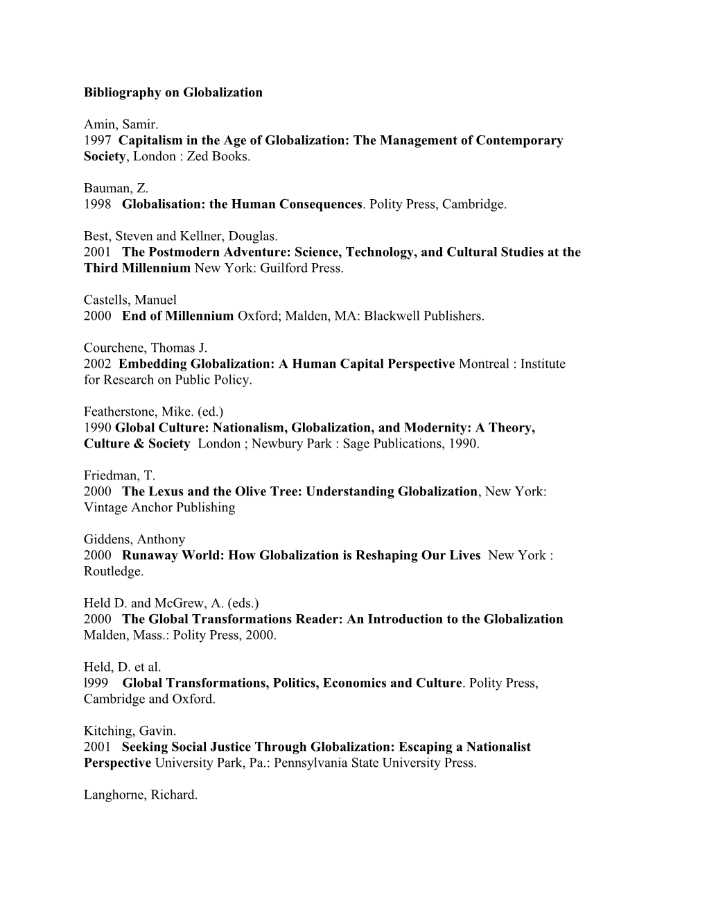 Bibliography on Globalization