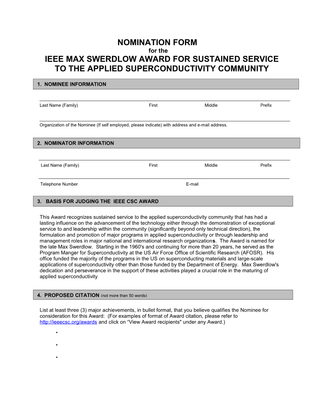 Ieee Max Swerdlow Award for Sustained Service to the Applied Superconductivity Community