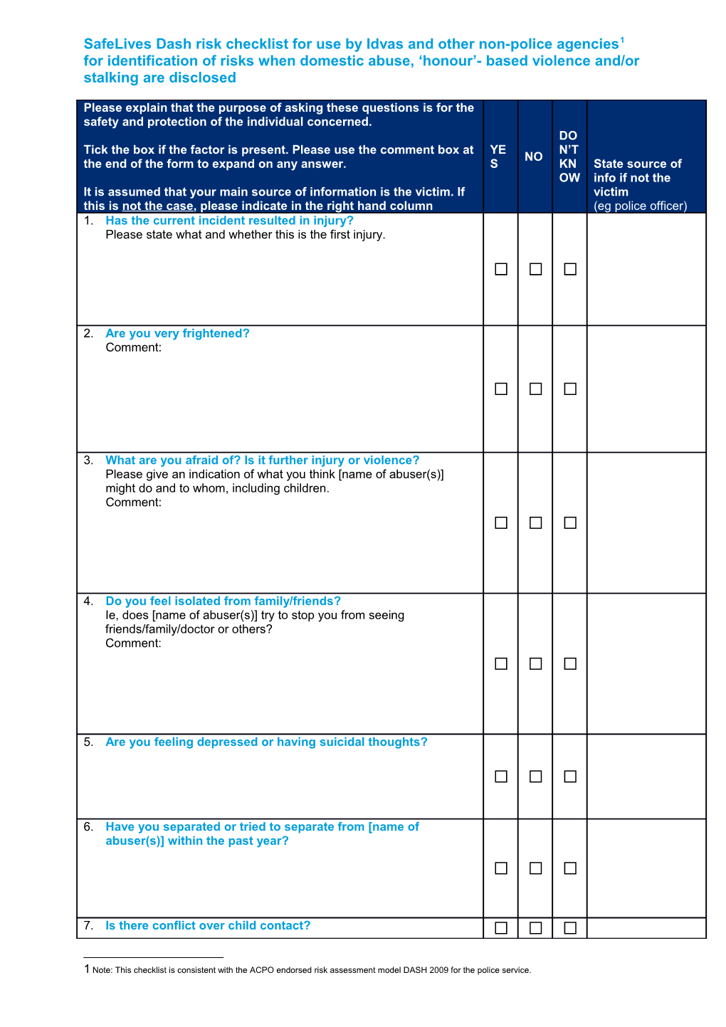 Safelives Dash Risk Checklist