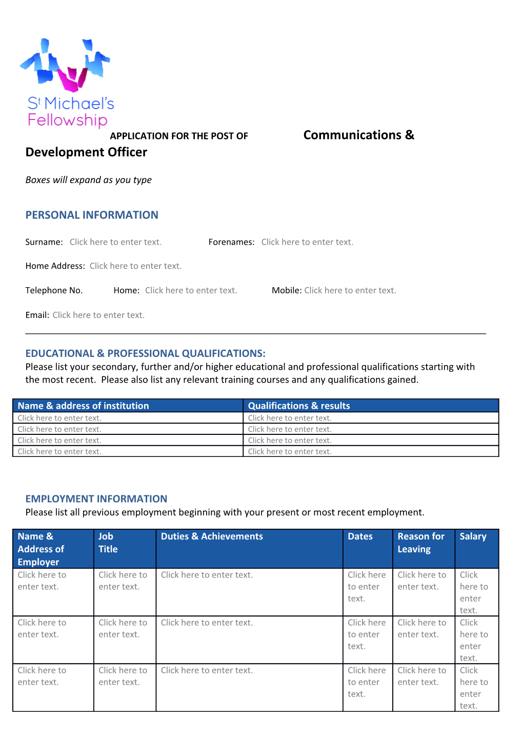 APPLICATION for the POST Ofcommunications & Development Officer