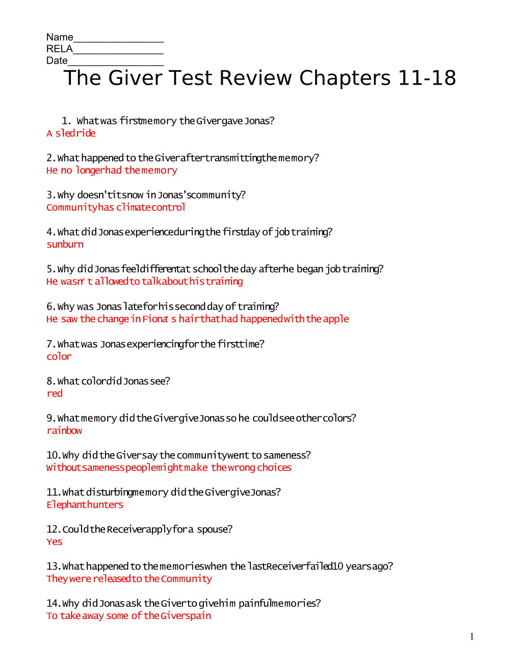 The Giver Test Review Chapters 11-18