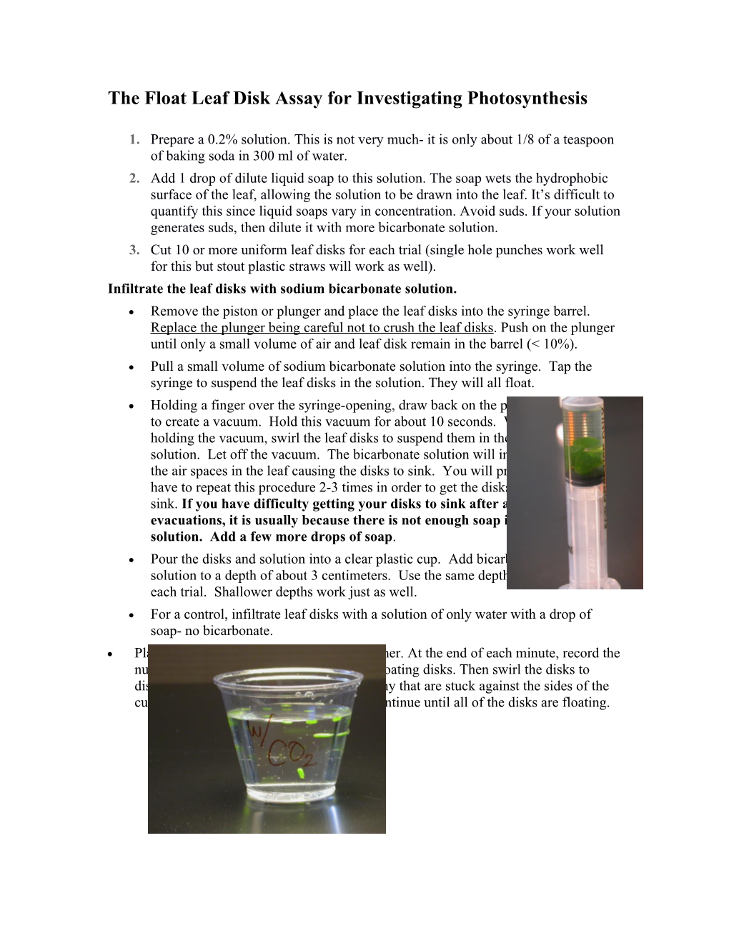 The Float Leaf Disk Assay for Investigating Photosynthesis