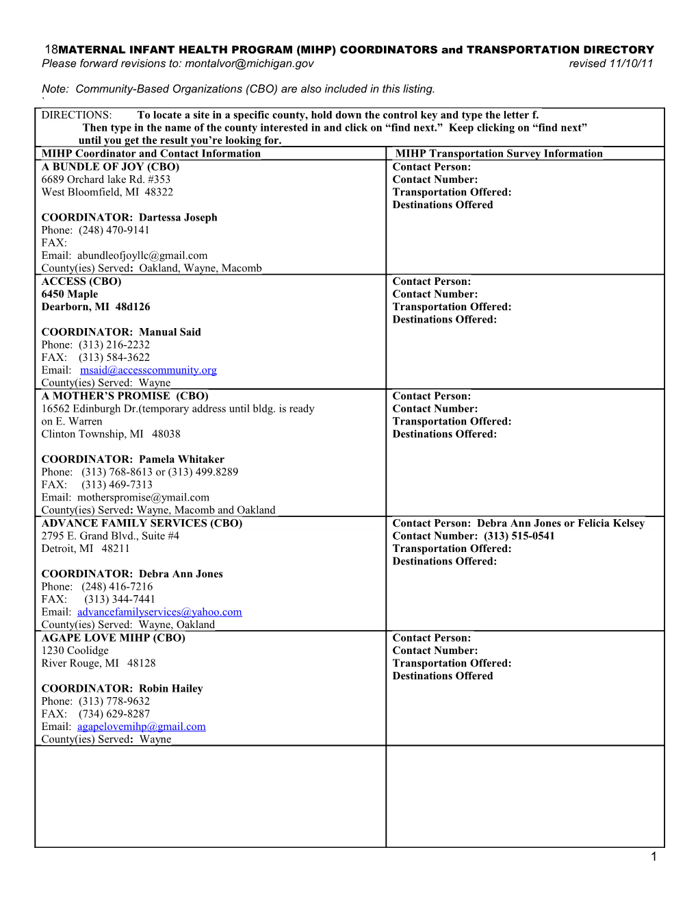 Health Dept* Information and County(Ies) Served