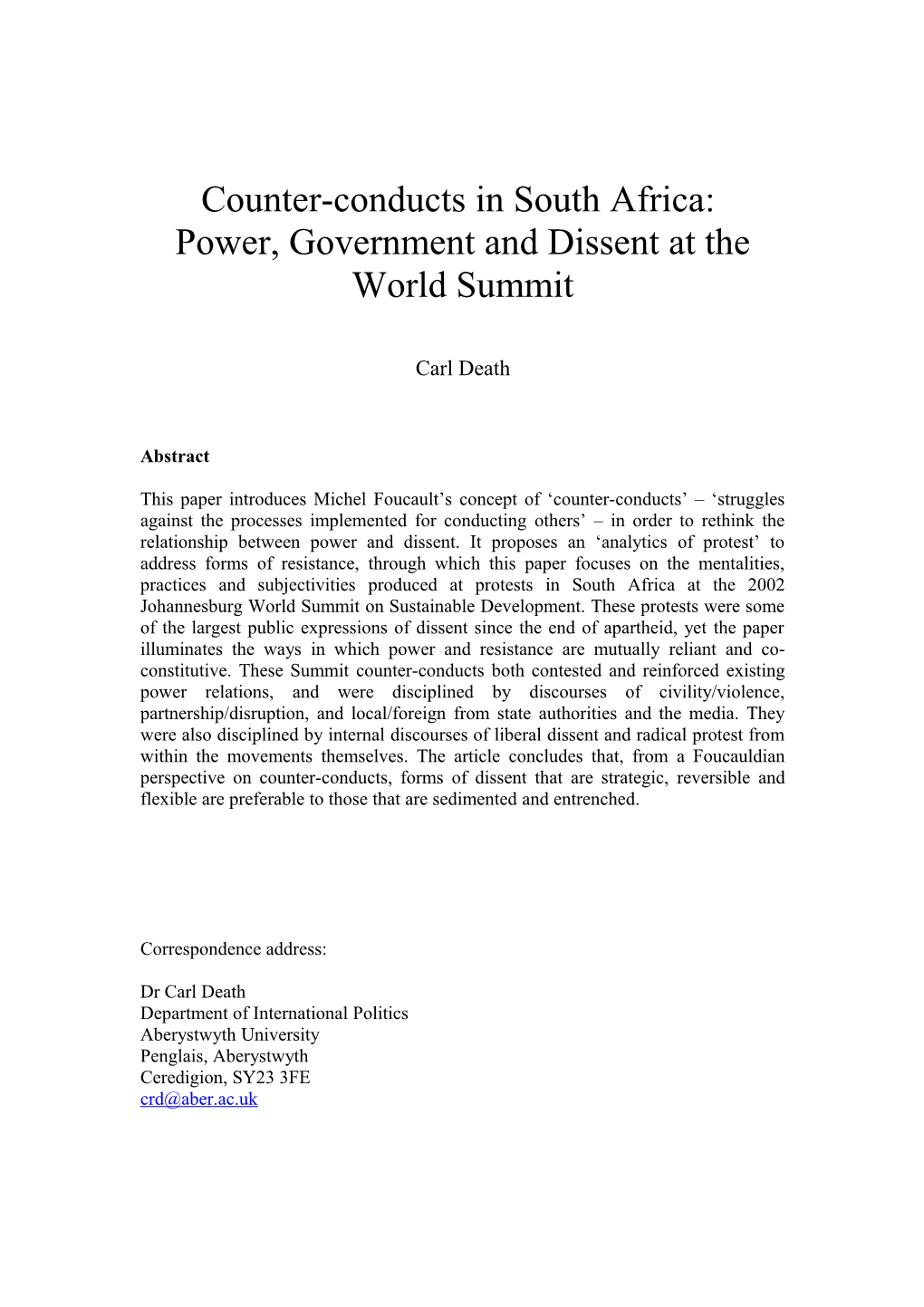 Power, Government and Dissent at the World Summit