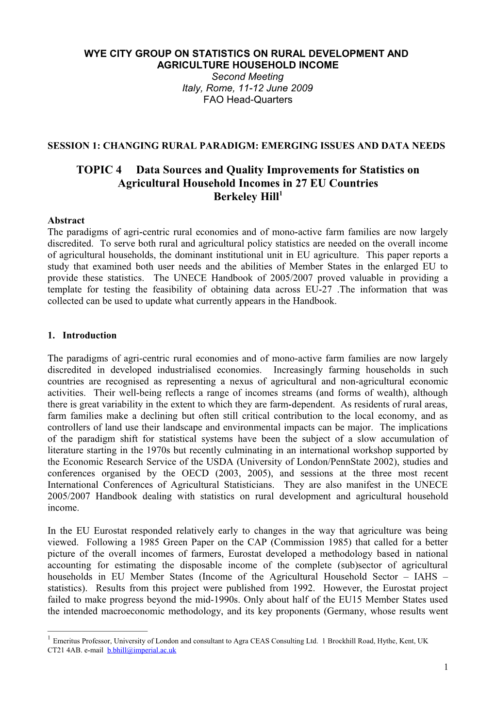 EU Statistics on the Incomes of Agricultural Households the State of Data Systems in Member