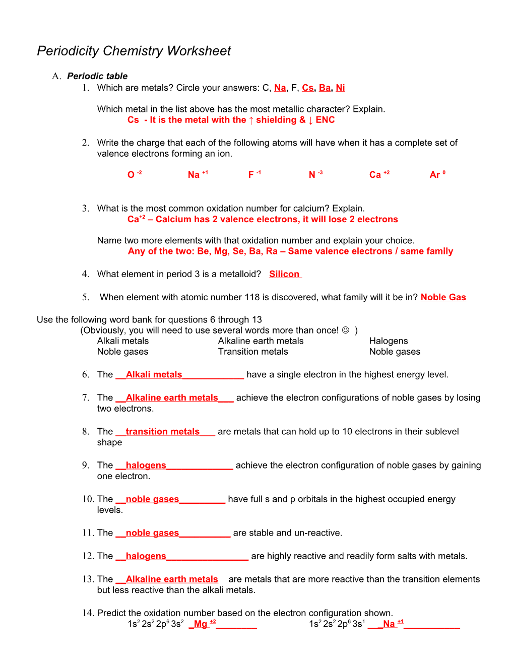 Periodicity Chemistry Worksheet