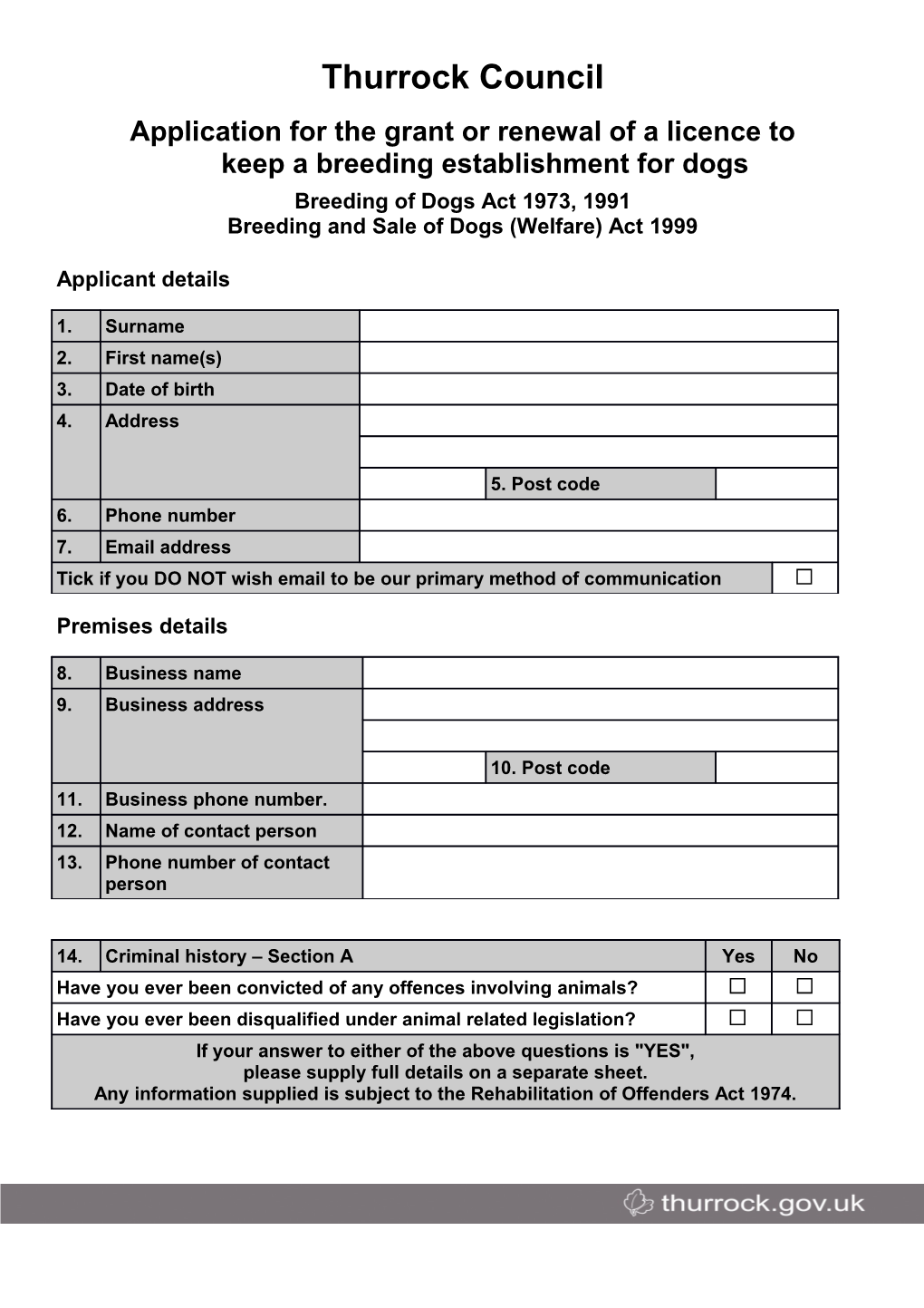 Thurrock Council - Application for the Grant Or Renewal of a Licence to Keep a Breeding