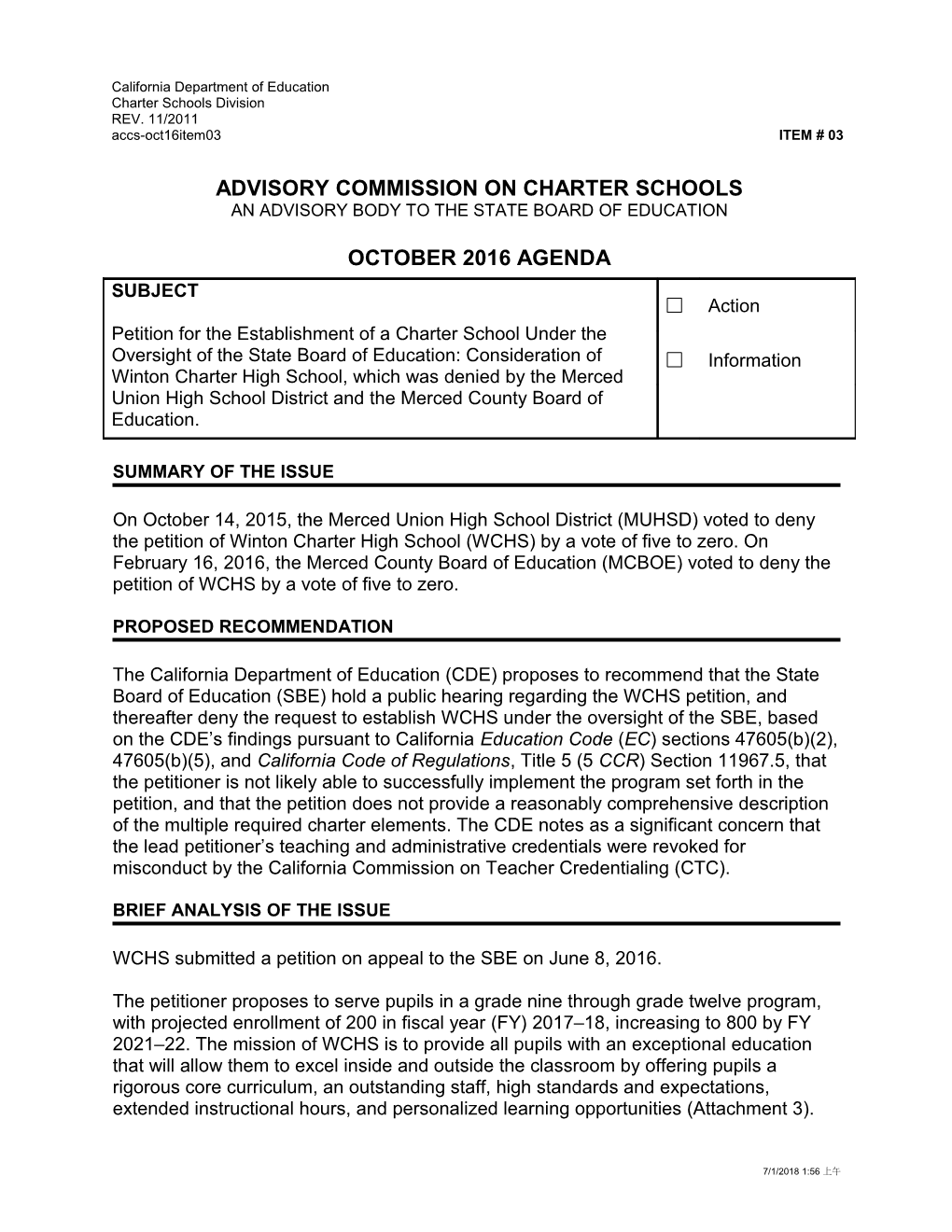 October 2016 ACCS Agenda Item 03 - Meeting Agendas (CA State Board of Education)