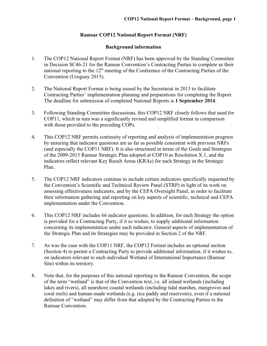 COP12 National Report Format Background, Page 1