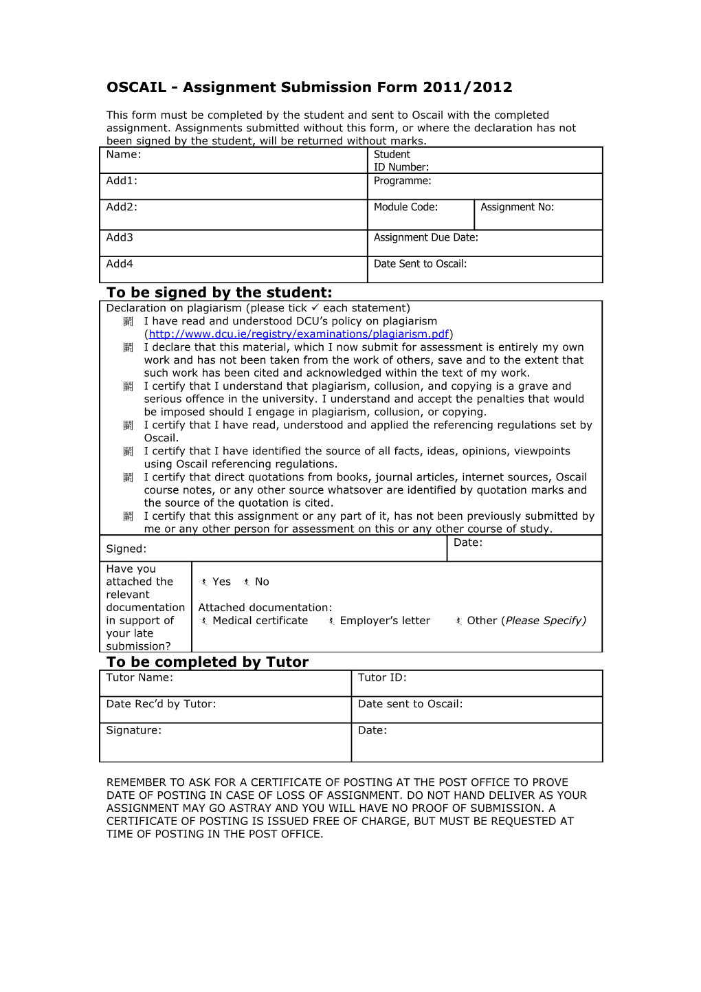 OSCAIL - Assignment Submission Form 2010/2011