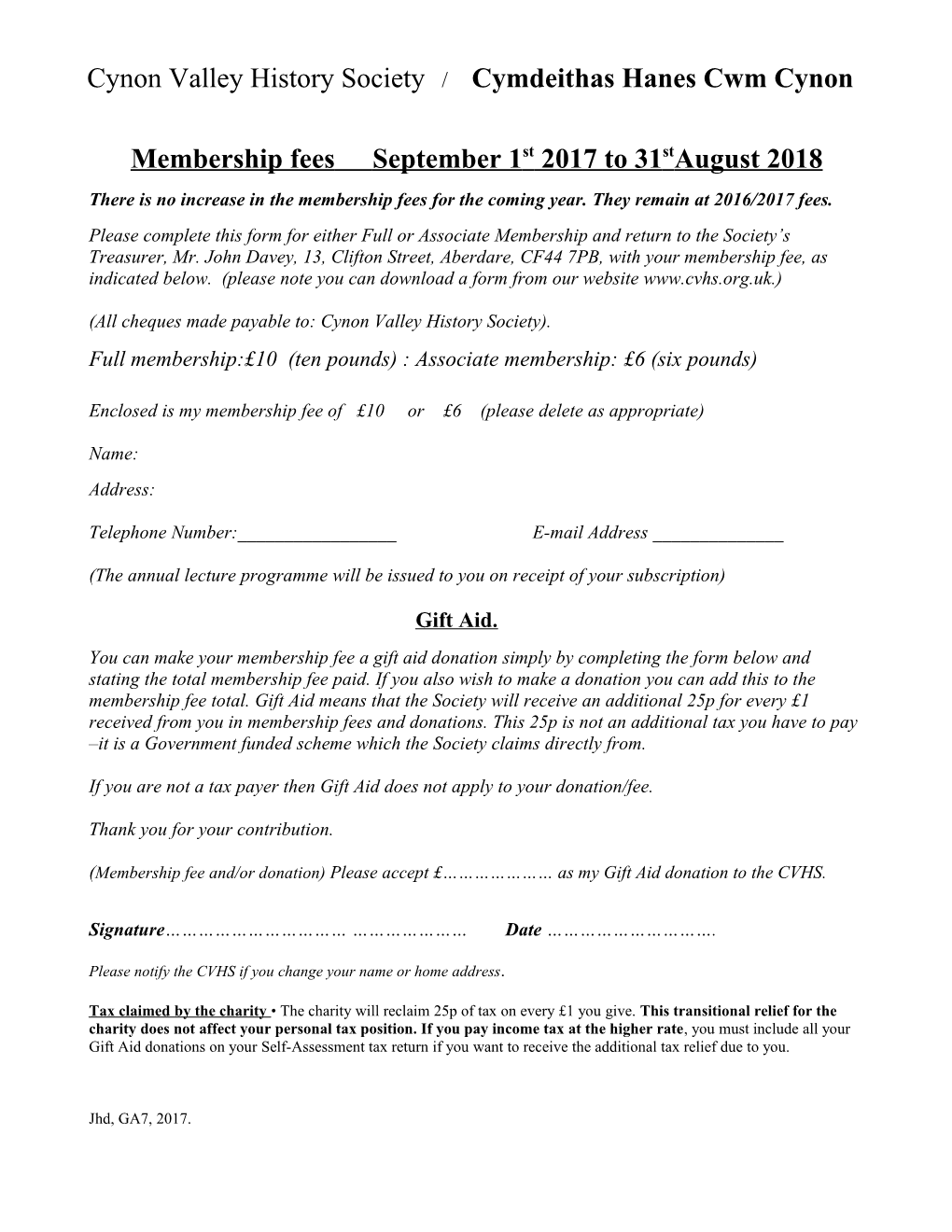 Membership Fees September 1St 2017 to 31Staugust 2018