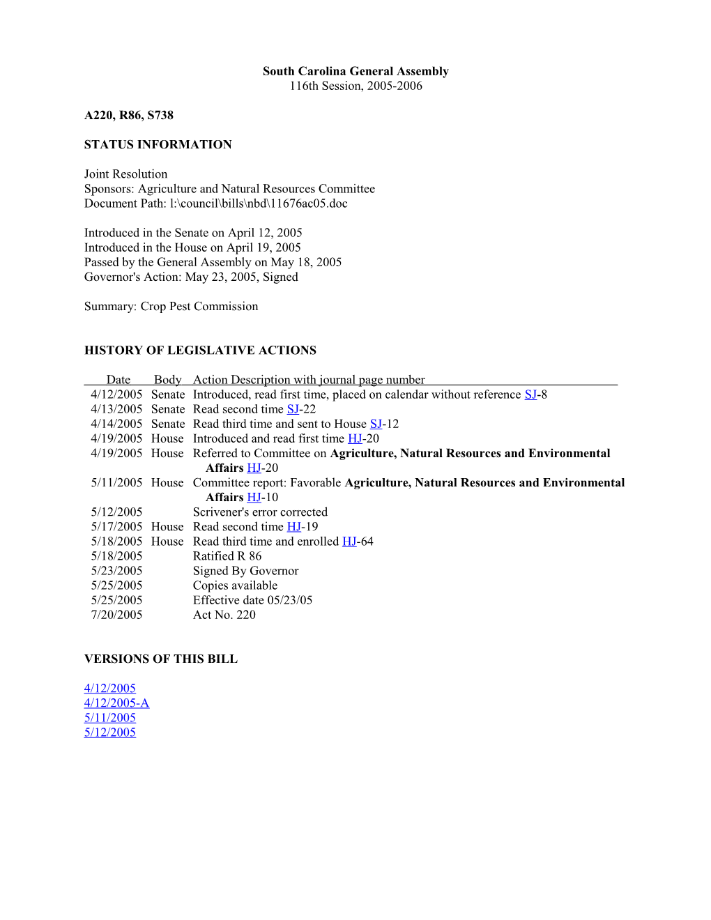 2005-2006 Bill 738: Crop Pest Commission - South Carolina Legislature Online