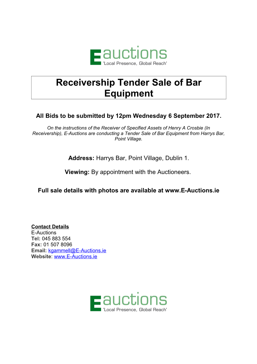 Receivershiptender Sale of Bar Equipment