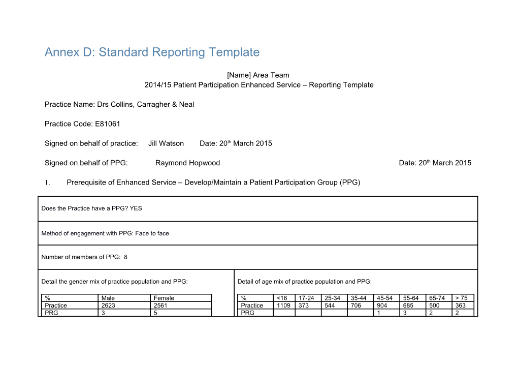 Patient Participation Enhanced Service - Reporting Template