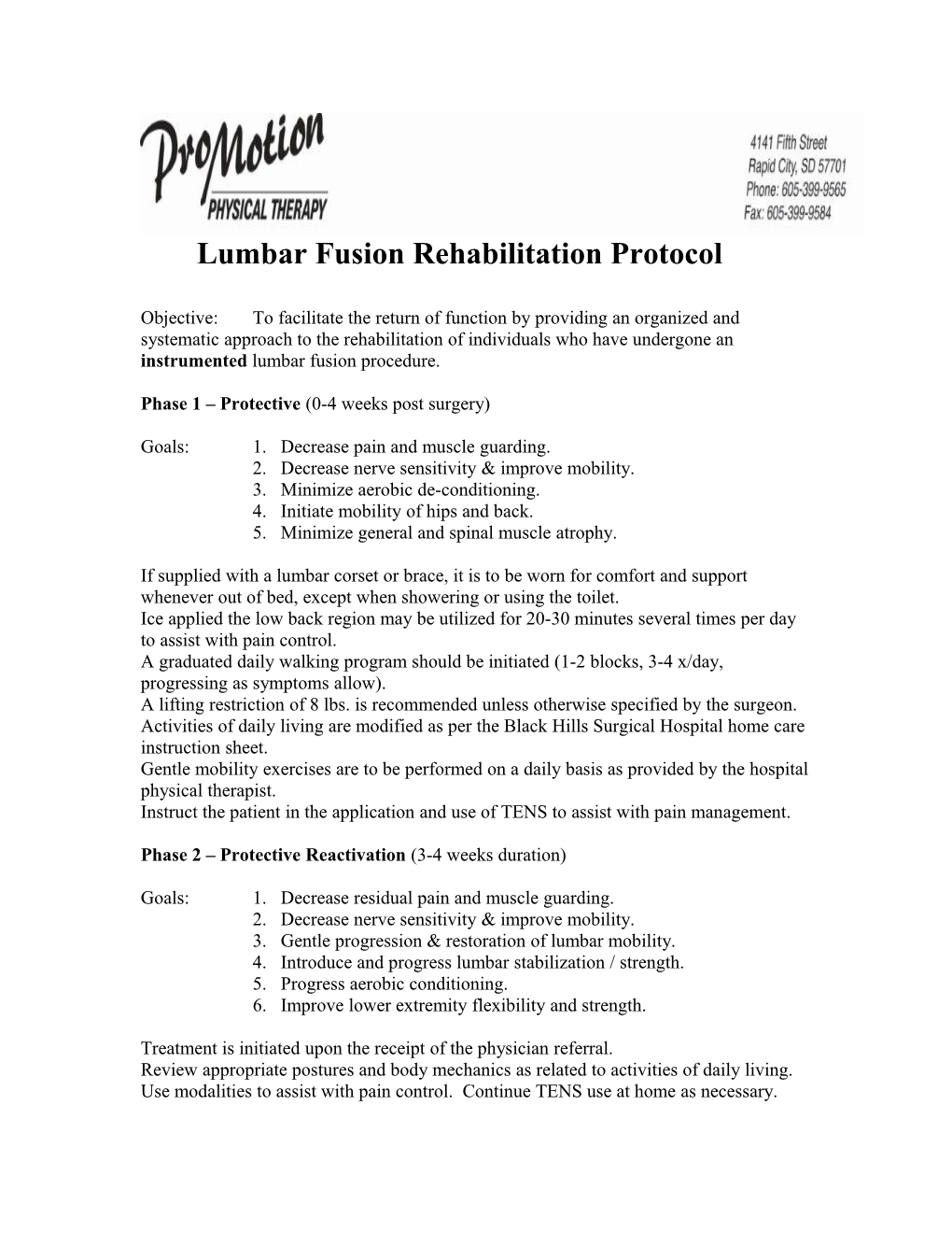 Lumbar Fusion Rehabilitation Protocol
