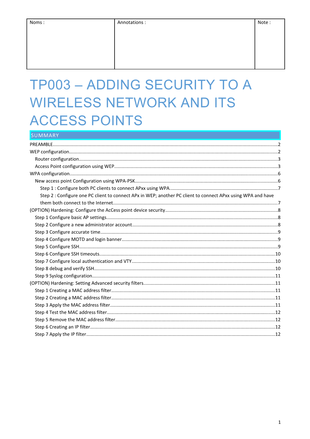 TP003 Adding Security to a Wireless Network and ITS Access Points