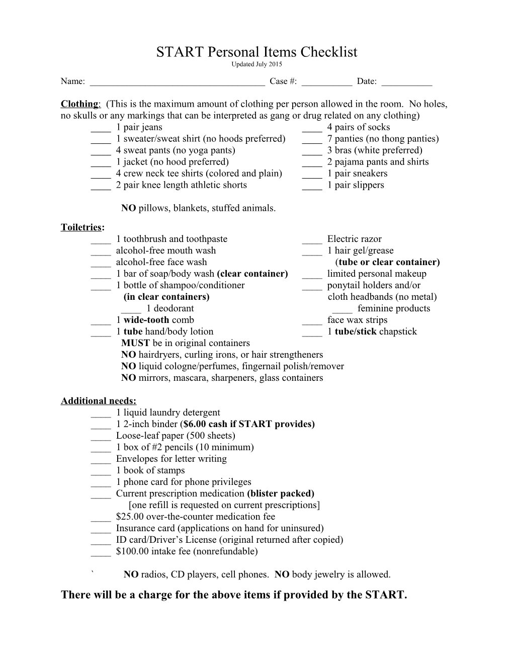 START Personal Items Checklist