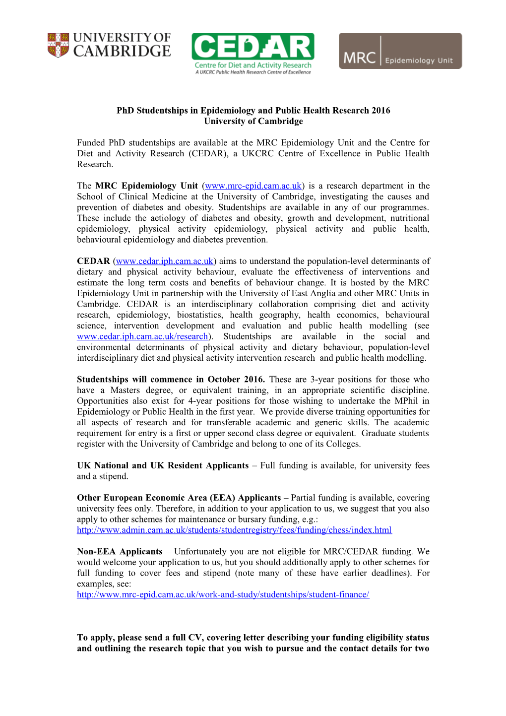 Phd Studentships in Epidemiology and Public Health Research 2016
