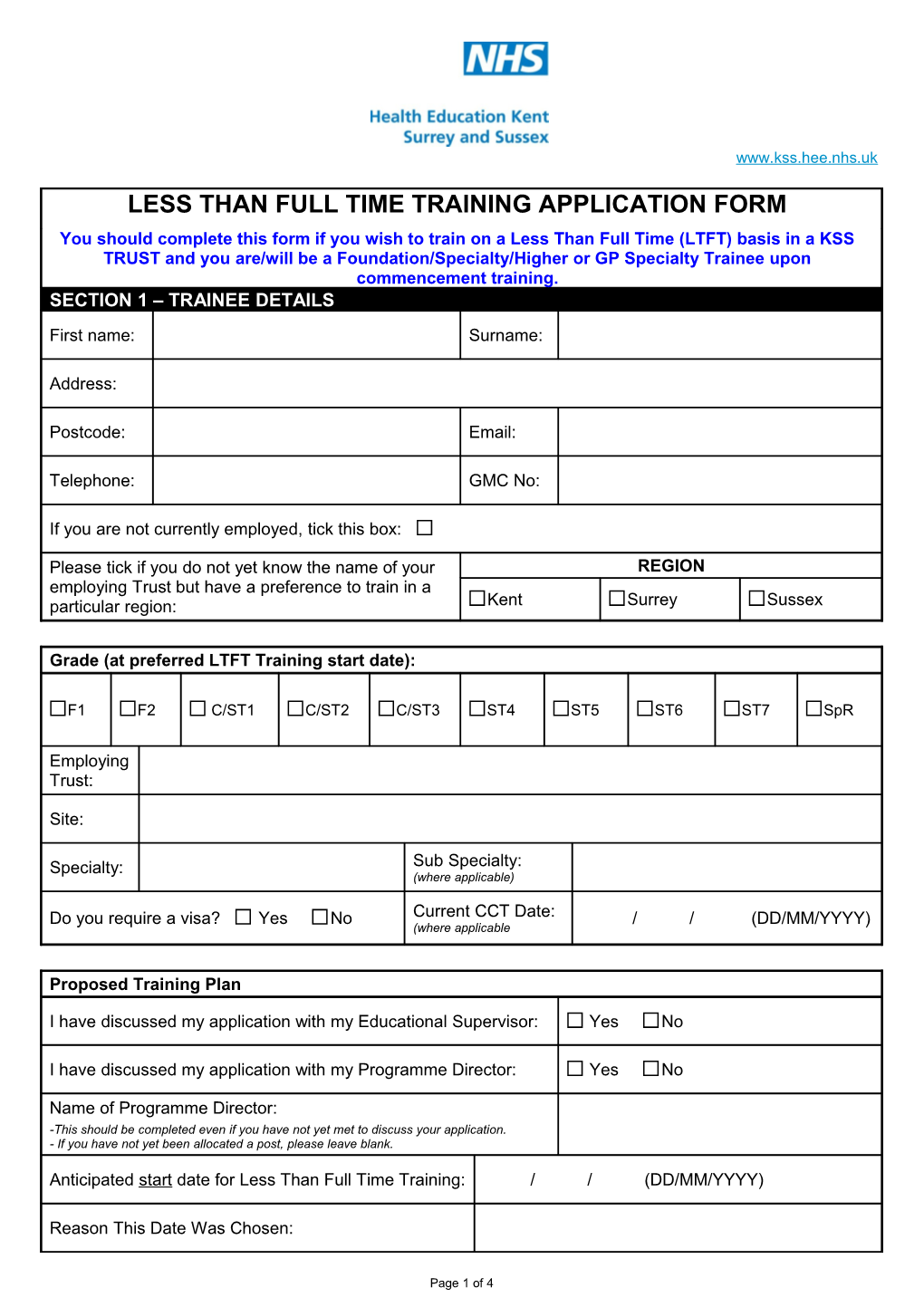 LESS THAN FULL TIME TRAINING APPLICATION FORM (Foundation)