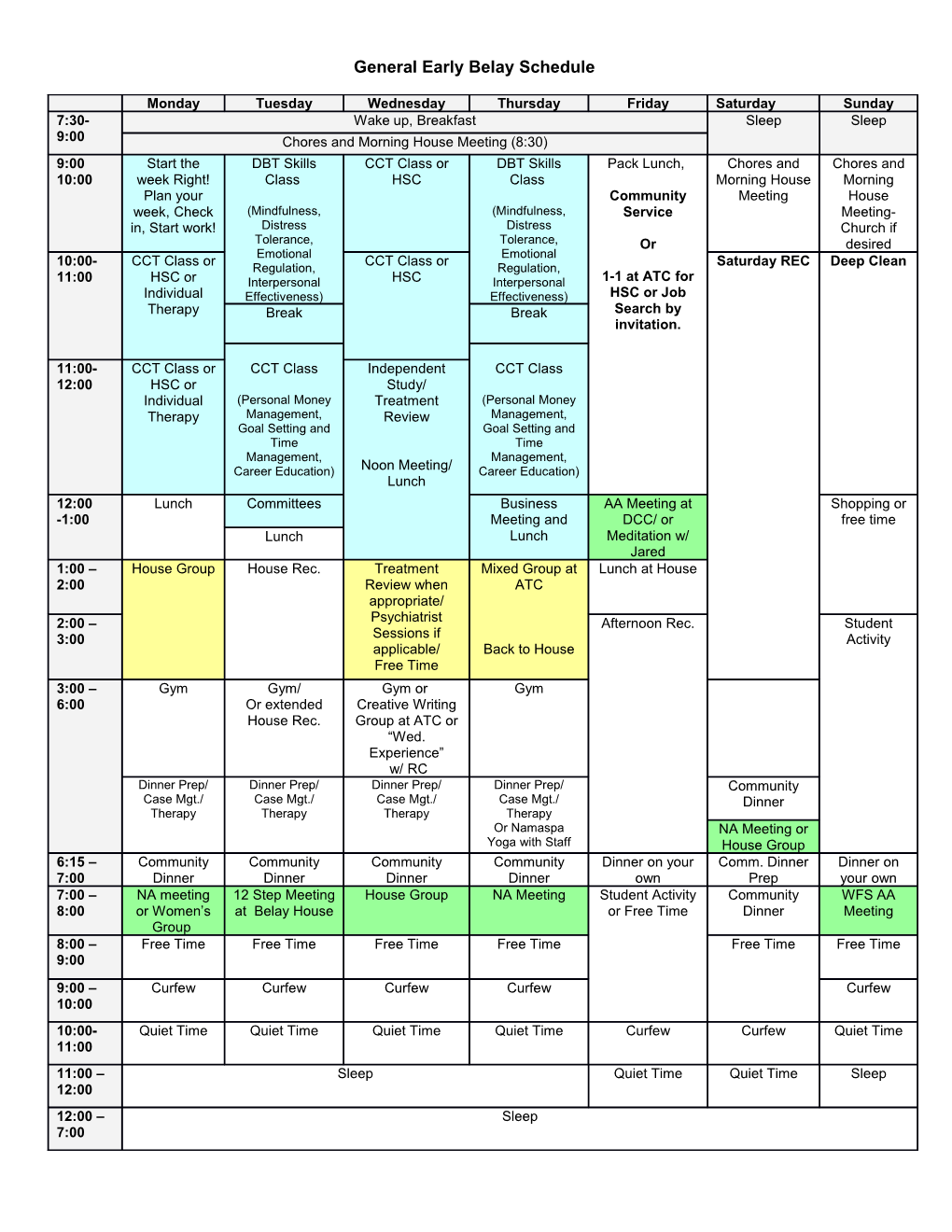 General Early Belay Schedule