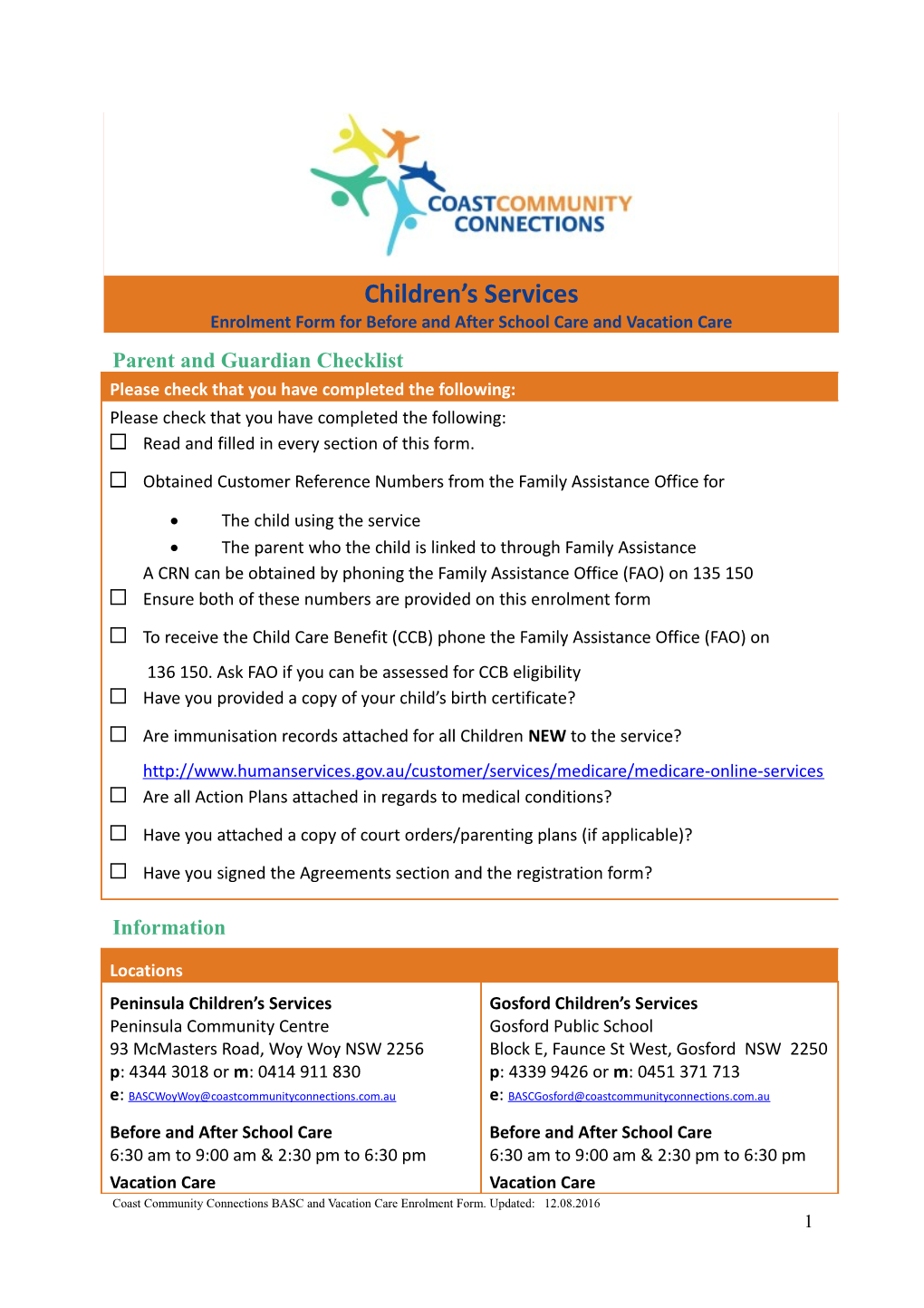 Enrolment Form for Before and After School Care and Vacation Care